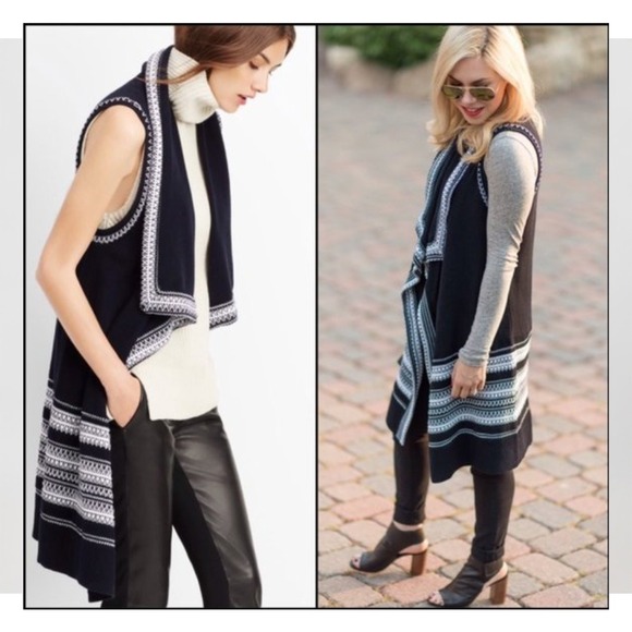 Vince Black White Duster Vest Cardigan Sweater Cotton Embroidered Sleeveless - Picture 1 of 7
